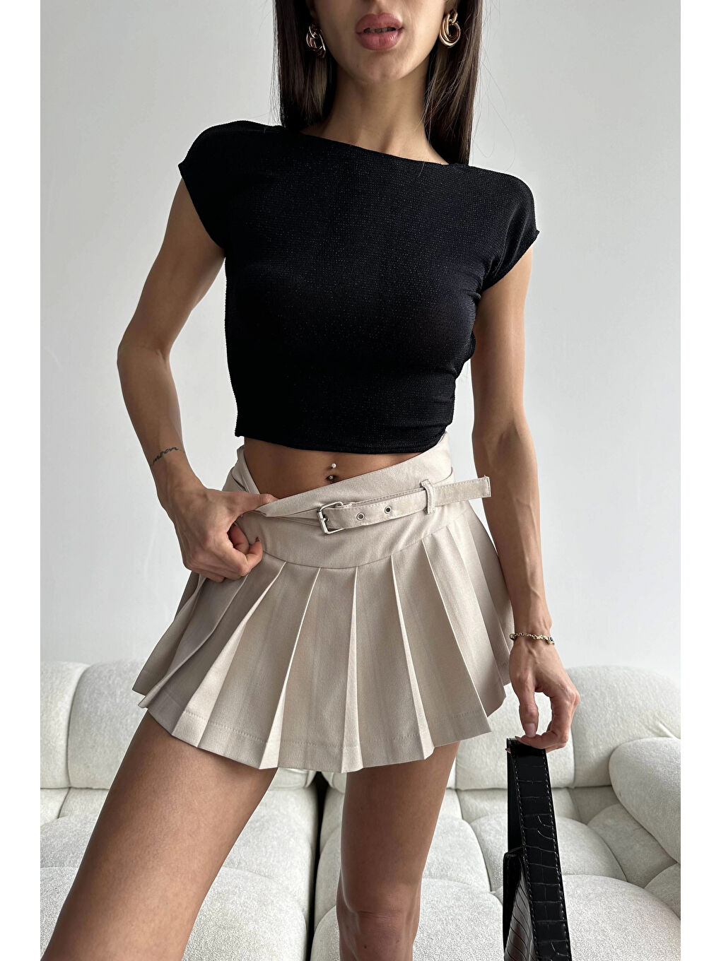 Bej Kadın Taş Kemerli Şort Etek 1026-221440-1