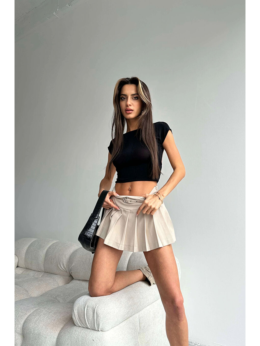 Bej Kadın Taş Kemerli Şort Etek 1026-221440-3