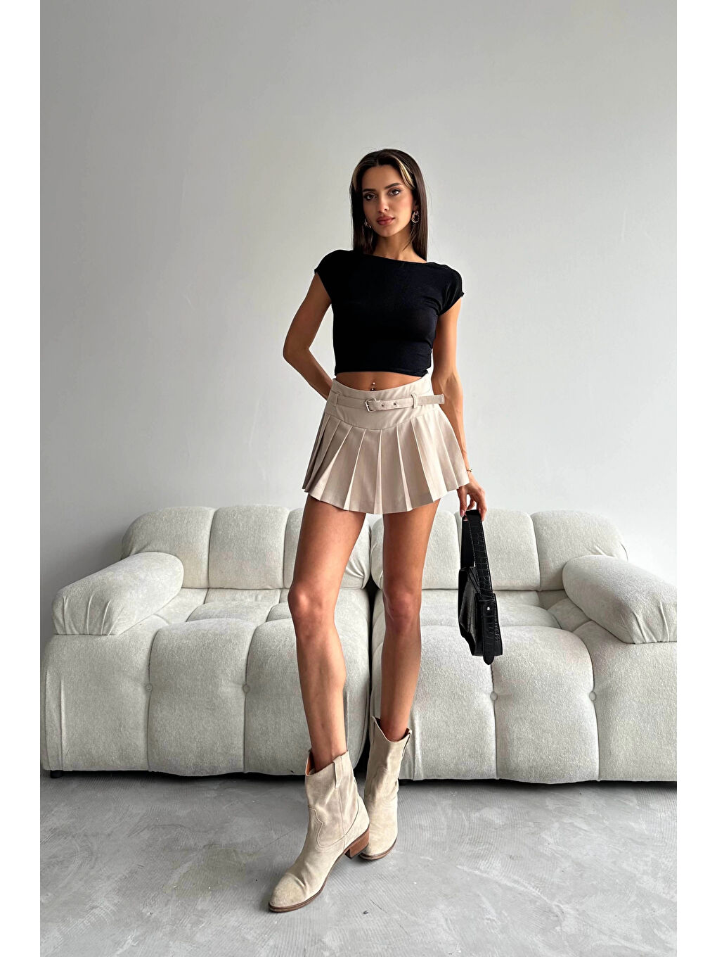 Bej Kadın Taş Kemerli Şort Etek 1026-221440-4
