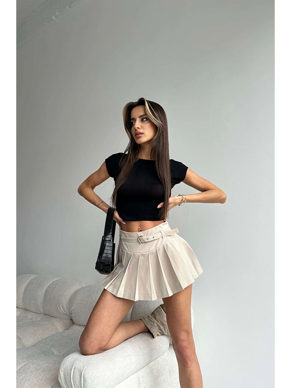 Bej Kadın Taş Kemerli Şort Etek 1026-221440-5