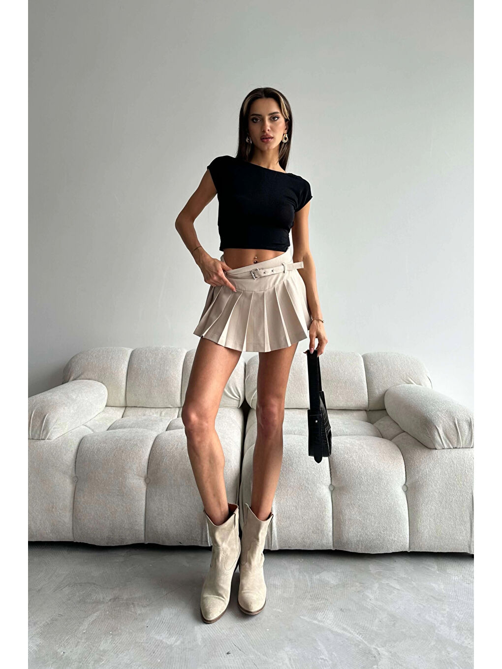 Bej Kadın Taş Kemerli Şort Etek 1026-221440-6