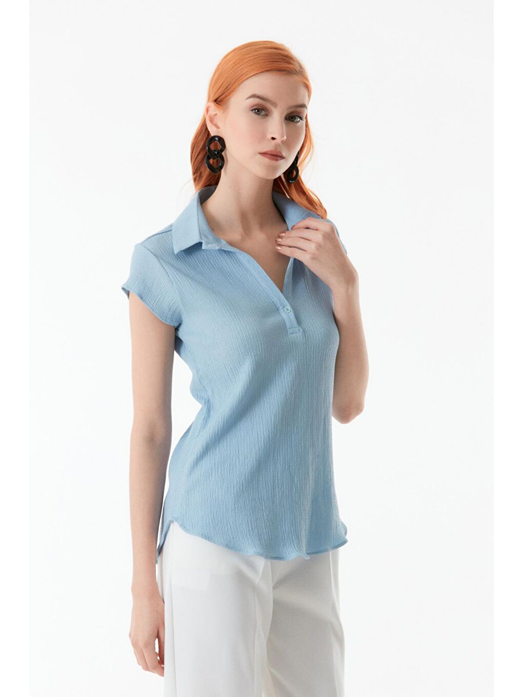 Mavi Bürümcük Kumaş Gömlek Yaka Bluz-1