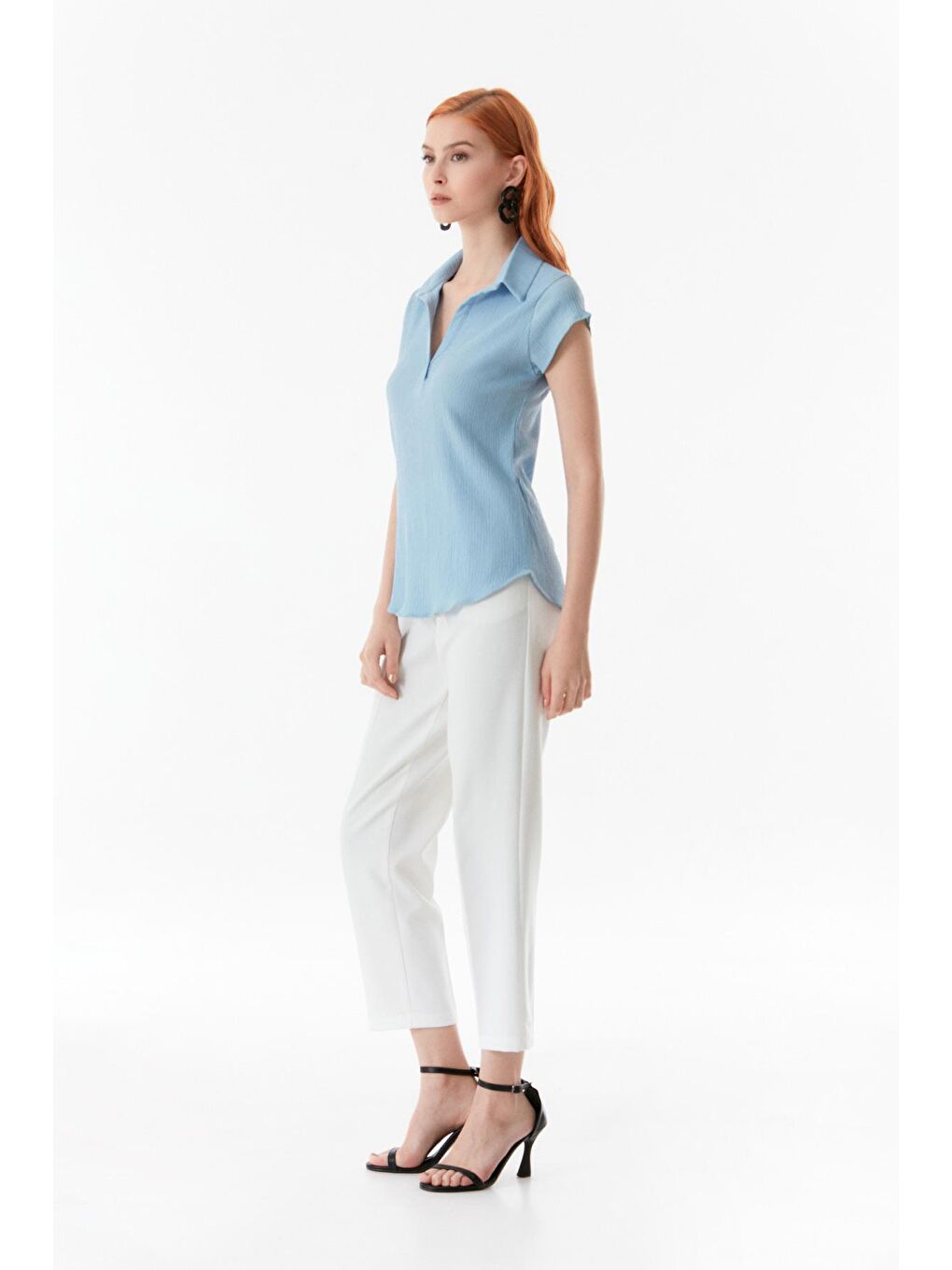 Mavi Bürümcük Kumaş Gömlek Yaka Bluz-2