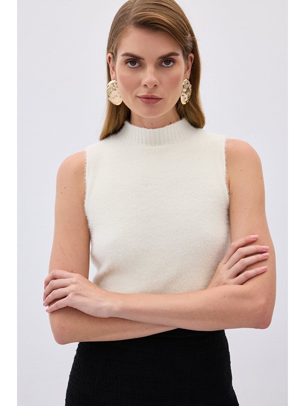 Sıfır Kol Sakallı Triko Bluz - Ekru