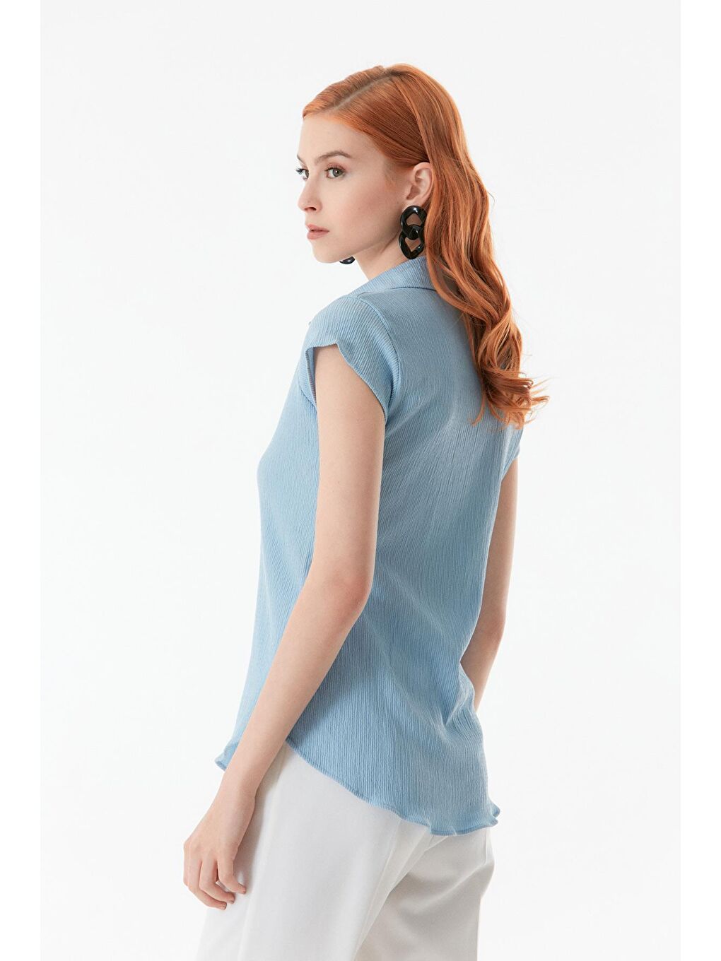 Mavi Bürümcük Kumaş Gömlek Yaka Bluz-3