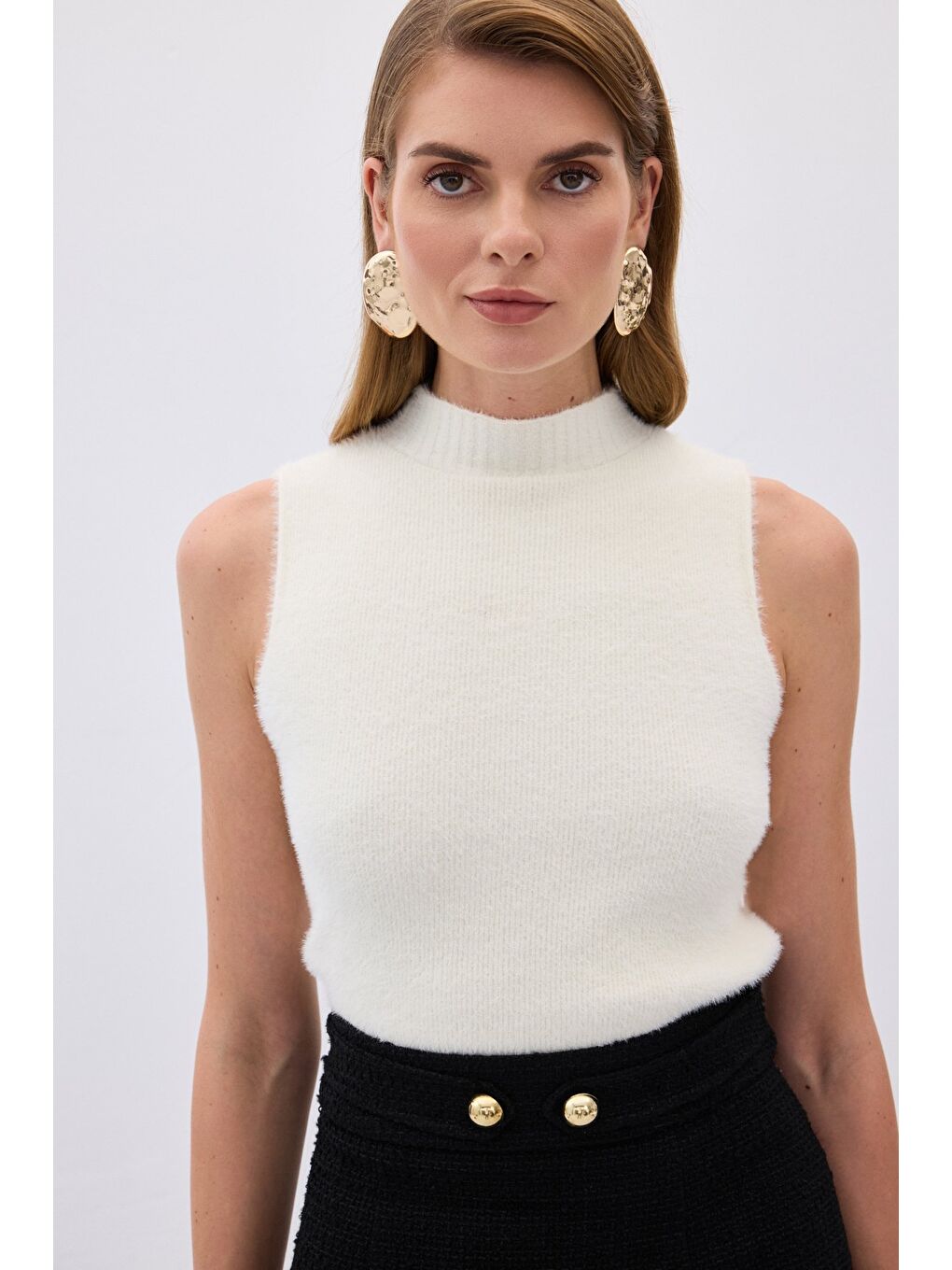Sıfır Kol Sakallı Triko Bluz - Ekru-1