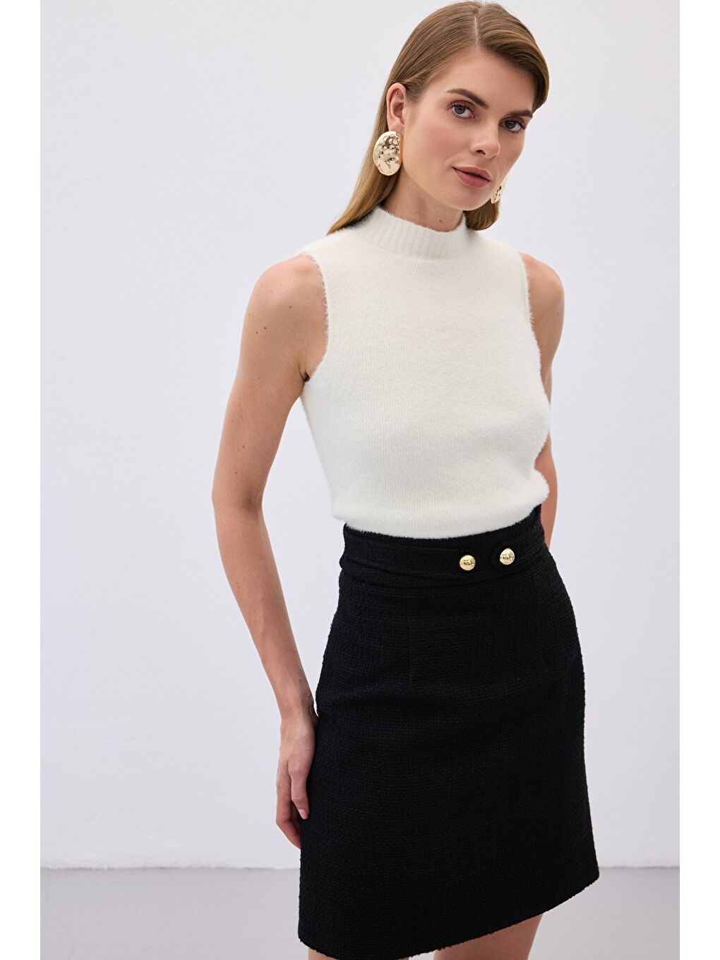 Sıfır Kol Sakallı Triko Bluz - Ekru-2