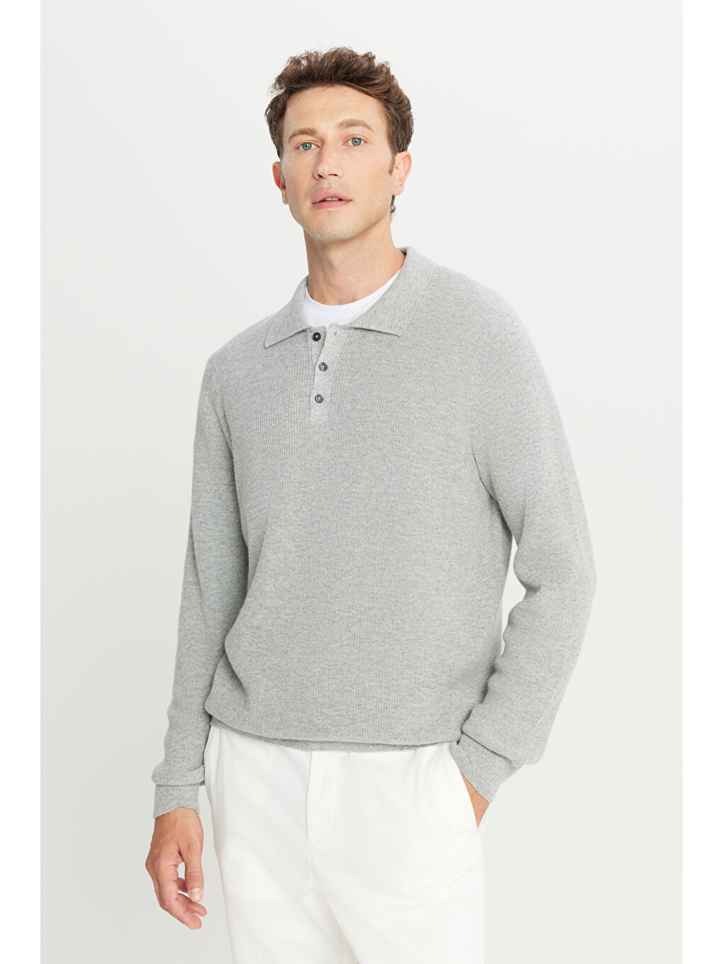 Erkek Açık Gri-Melanj Yünlü Standart Fit Normal Kesim Polo Yaka Triko Kazak