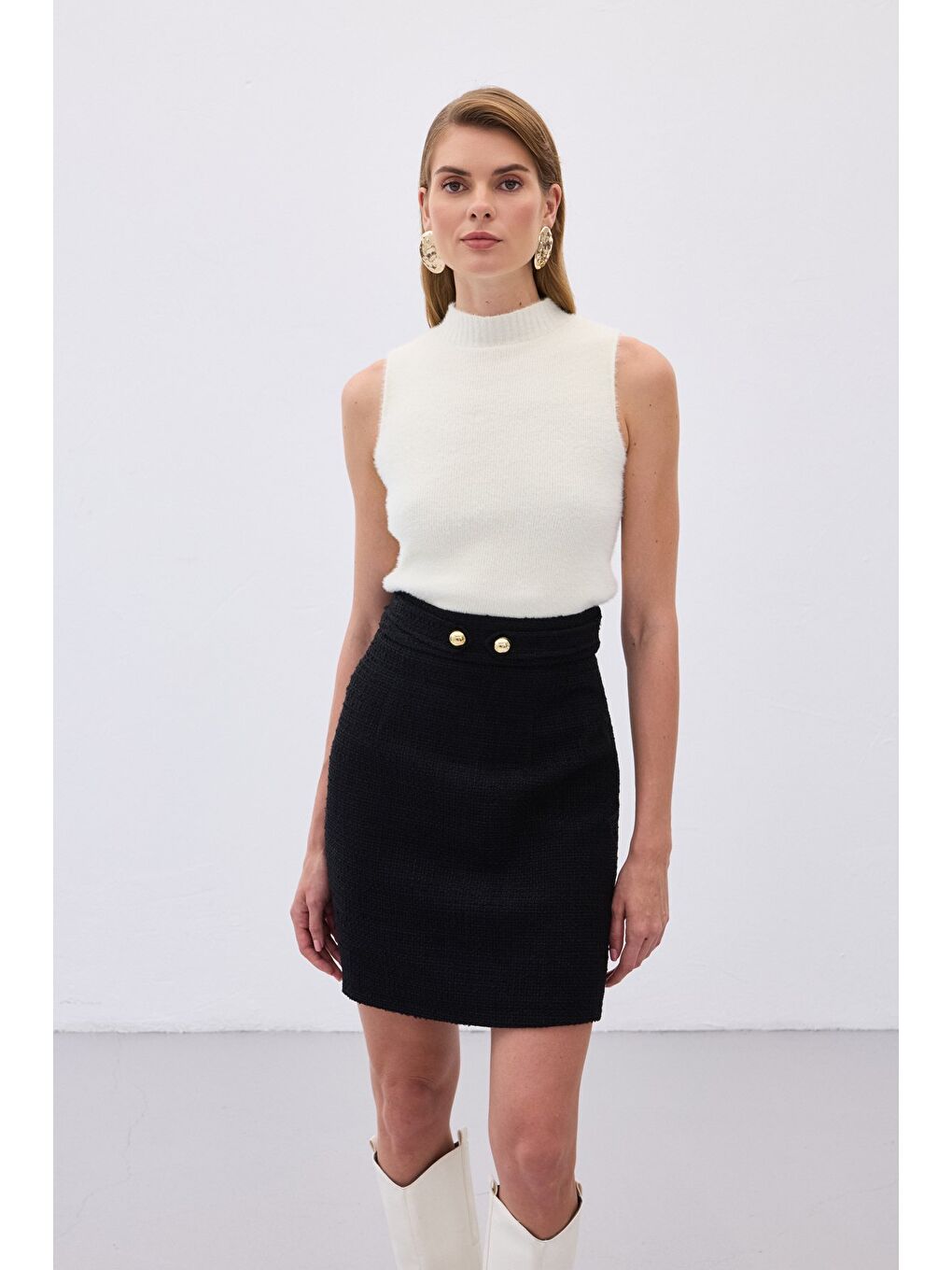 Sıfır Kol Sakallı Triko Bluz - Ekru-3