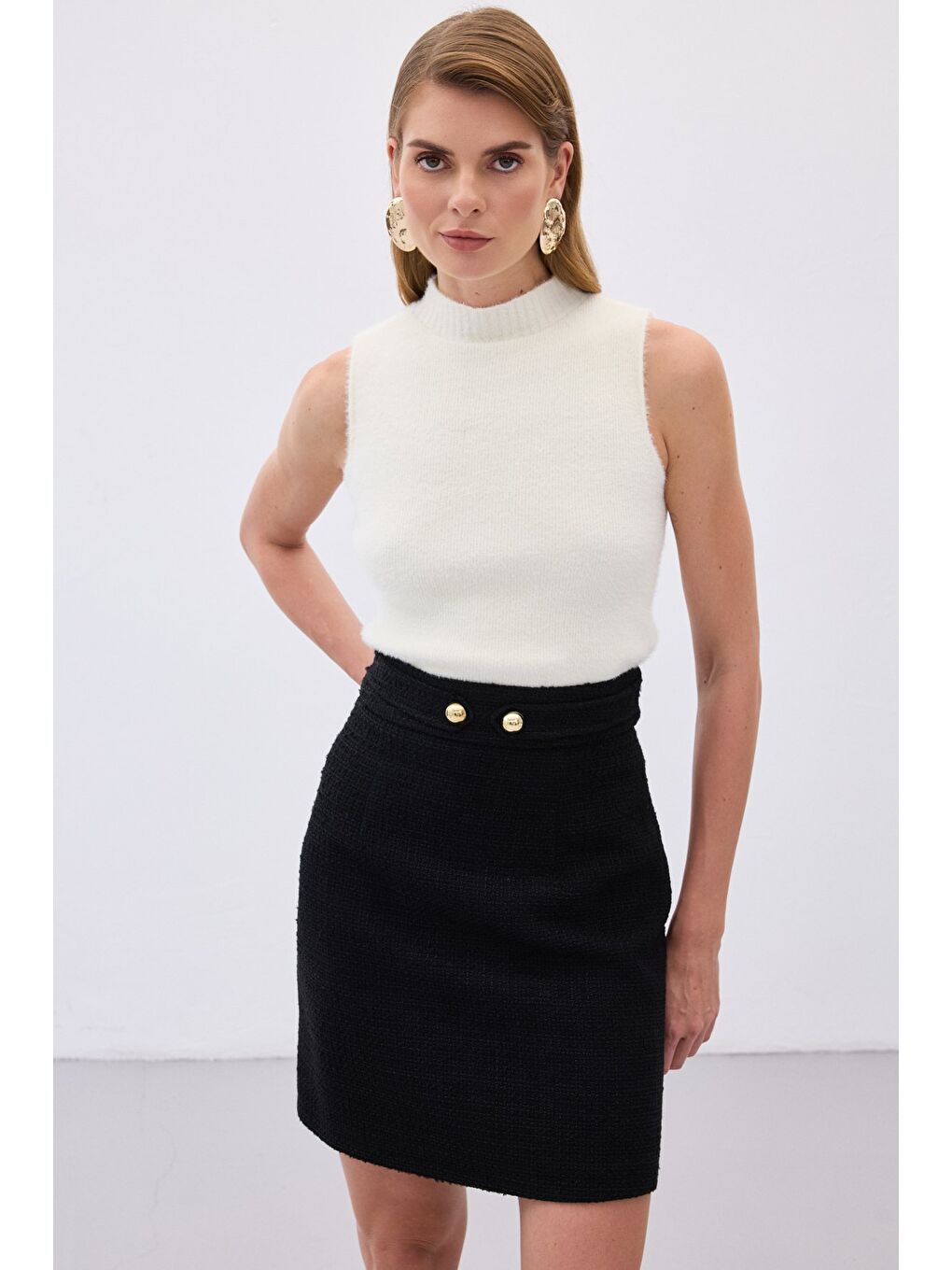 Sıfır Kol Sakallı Triko Bluz - Ekru-4