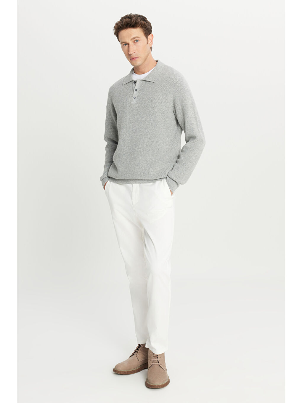 Erkek Açık Gri-Melanj Yünlü Standart Fit Normal Kesim Polo Yaka Triko Kazak-1