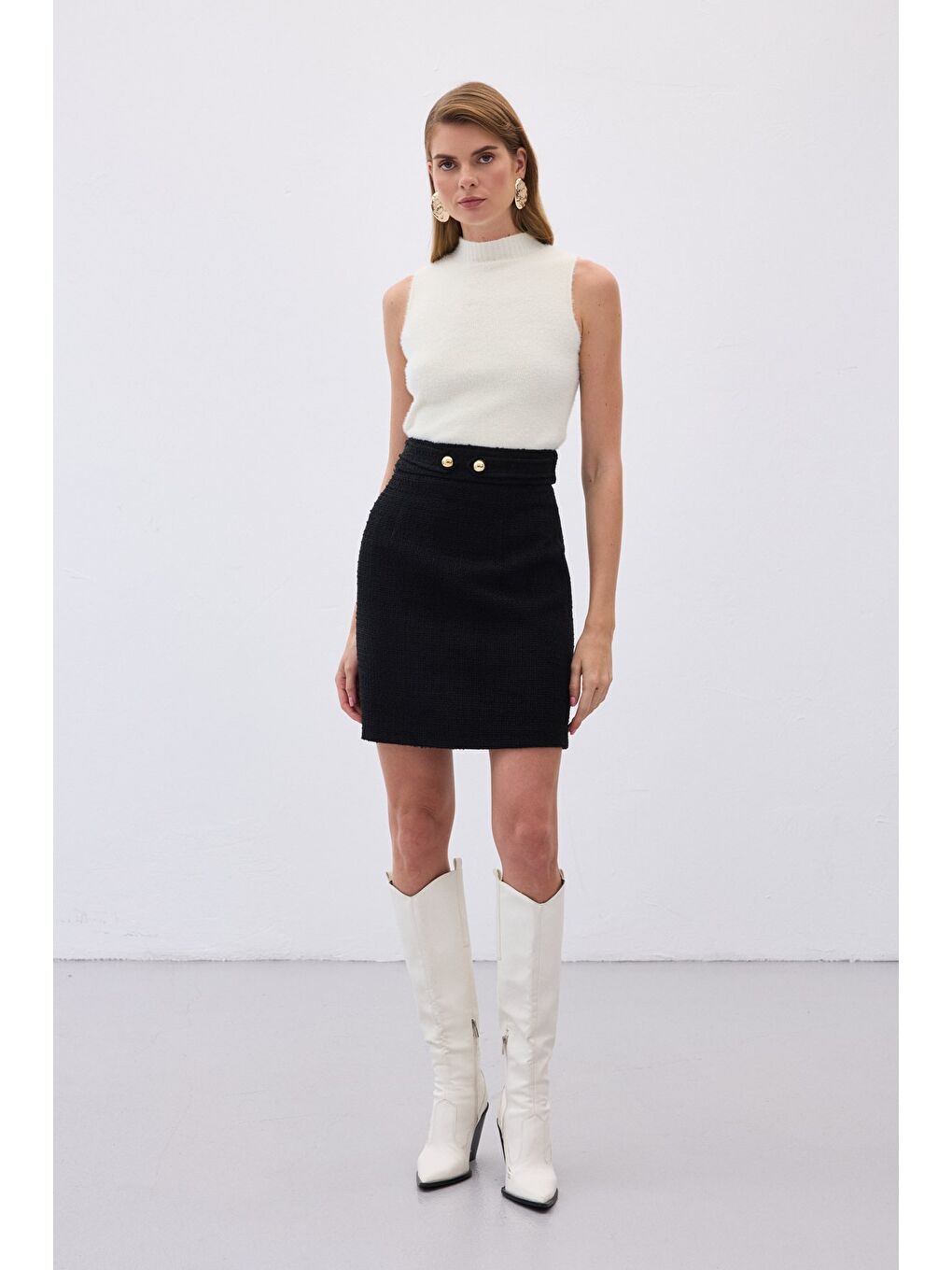 Sıfır Kol Sakallı Triko Bluz - Ekru-5