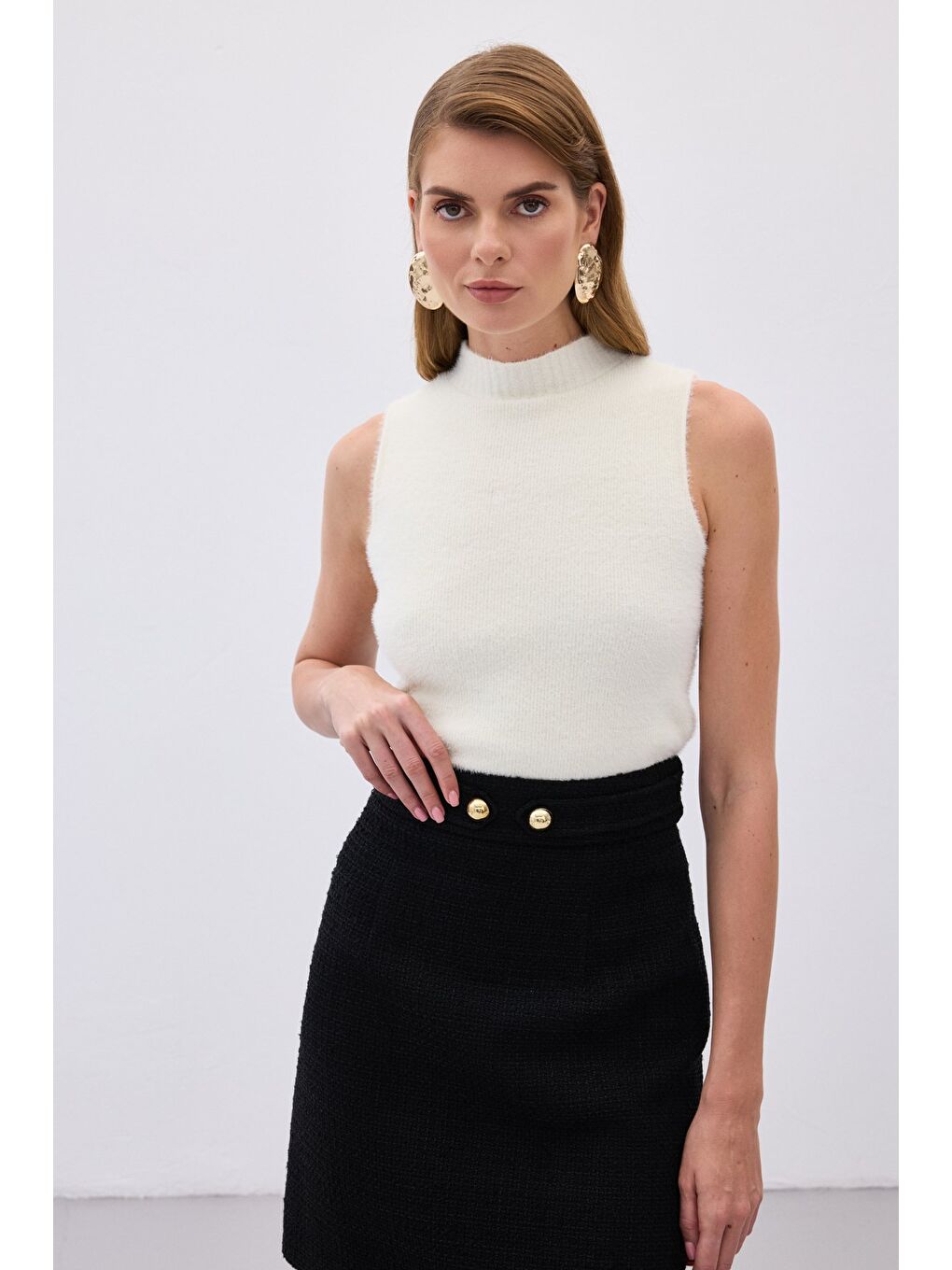 Sıfır Kol Sakallı Triko Bluz - Ekru-6