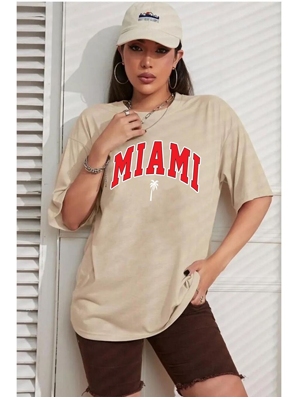 uyguntarz Bej Unisex Miami Baskılı Tasarım Tshirt