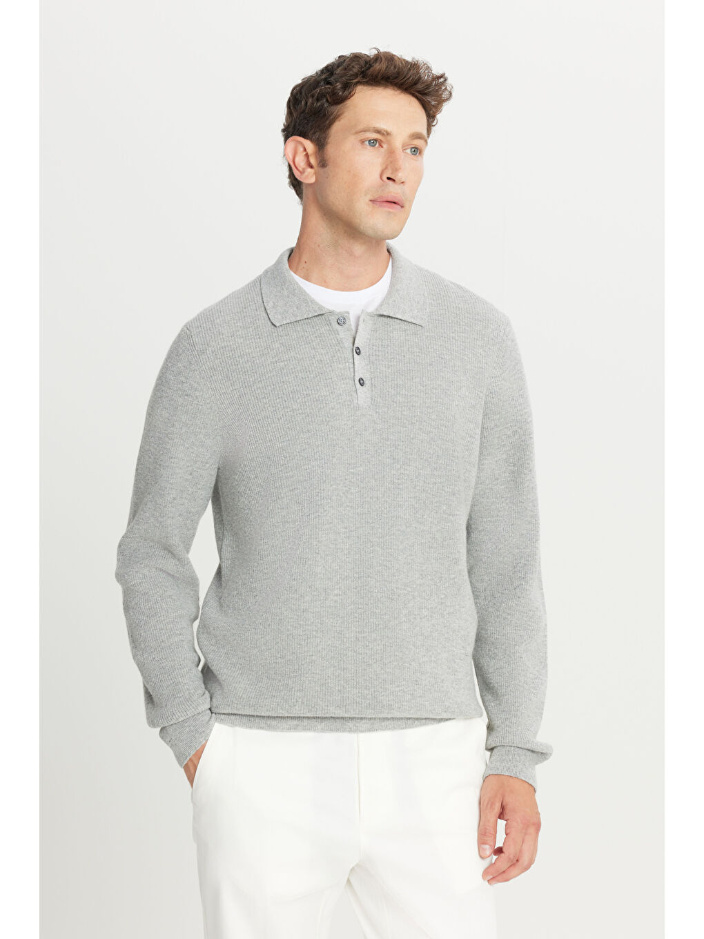 Erkek Açık Gri-Melanj Yünlü Standart Fit Normal Kesim Polo Yaka Triko Kazak-2