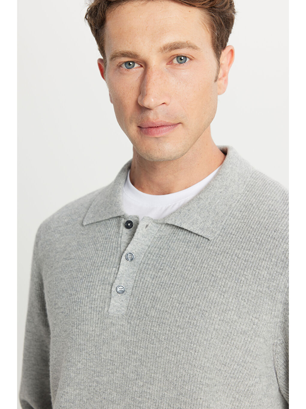 Erkek Açık Gri-Melanj Yünlü Standart Fit Normal Kesim Polo Yaka Triko Kazak-3