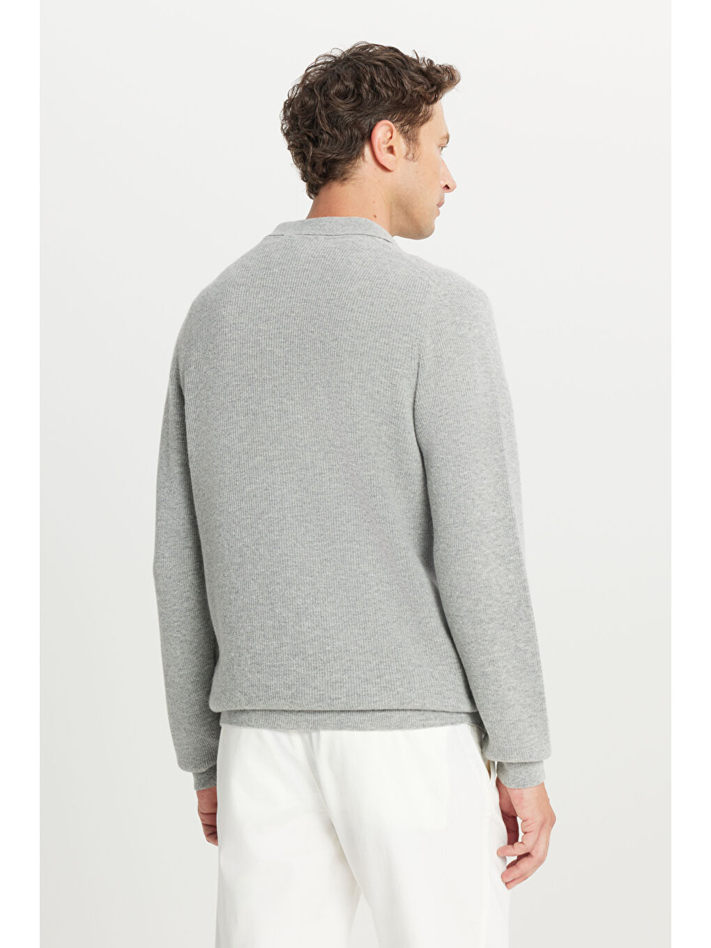 Erkek Açık Gri-Melanj Yünlü Standart Fit Normal Kesim Polo Yaka Triko Kazak-4