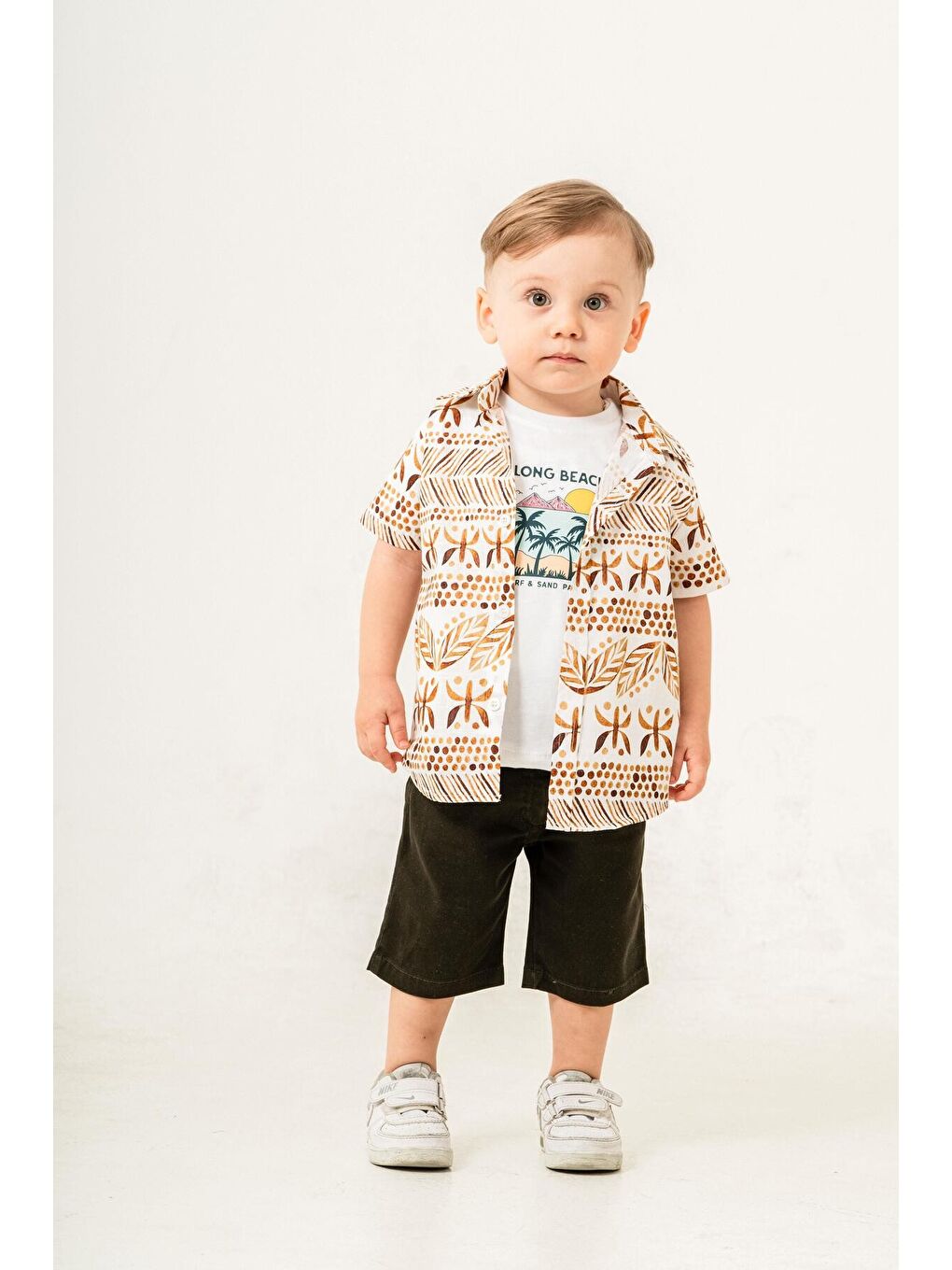 Turuncu Tarz Gömlek Yaprak Desenli Belden Ayarlanabilir Kısa Kollu Şortlu 3'lü Takım Çocuk ve Bebek Giy