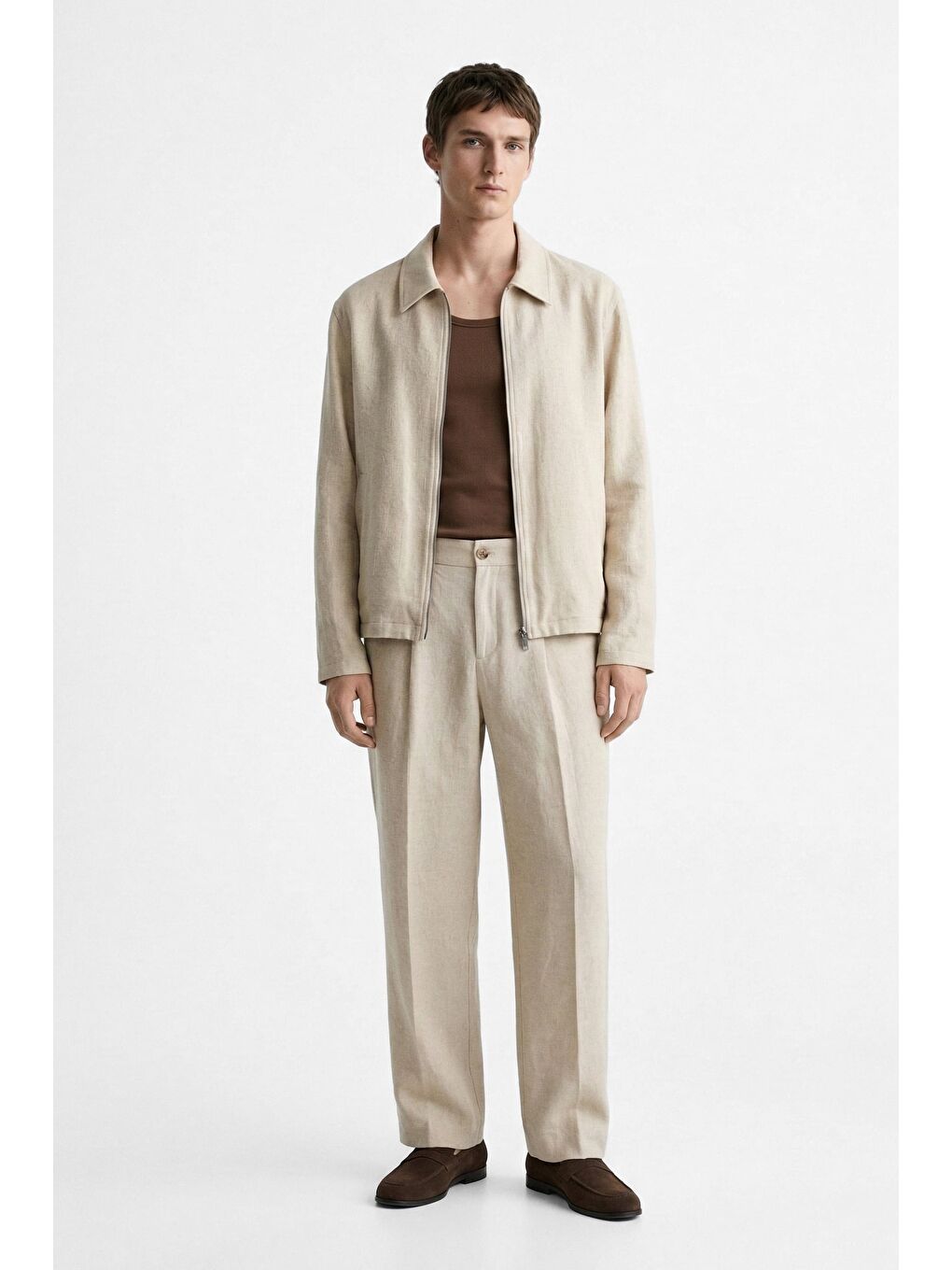 Erkek Relaxed Fit Bol Paça Keten Görünümlü Pileli Pantolon Bej-2