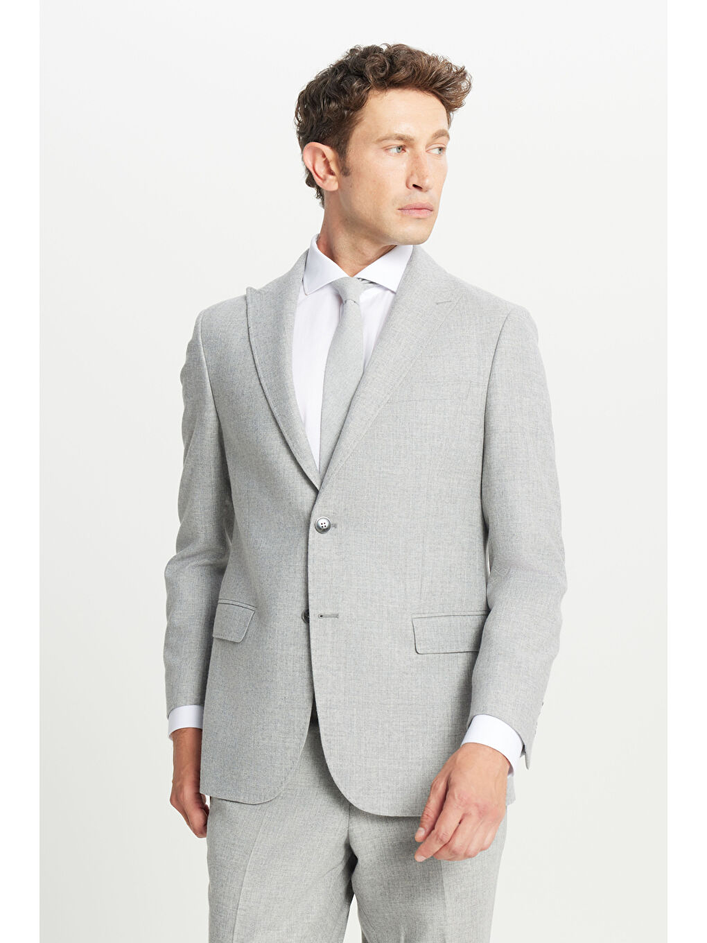 Erkek Gri Yünlü Slim Fit Dar Kesim Kırlangıç Yaka Kapak Cepli Desenli Takım Elbise