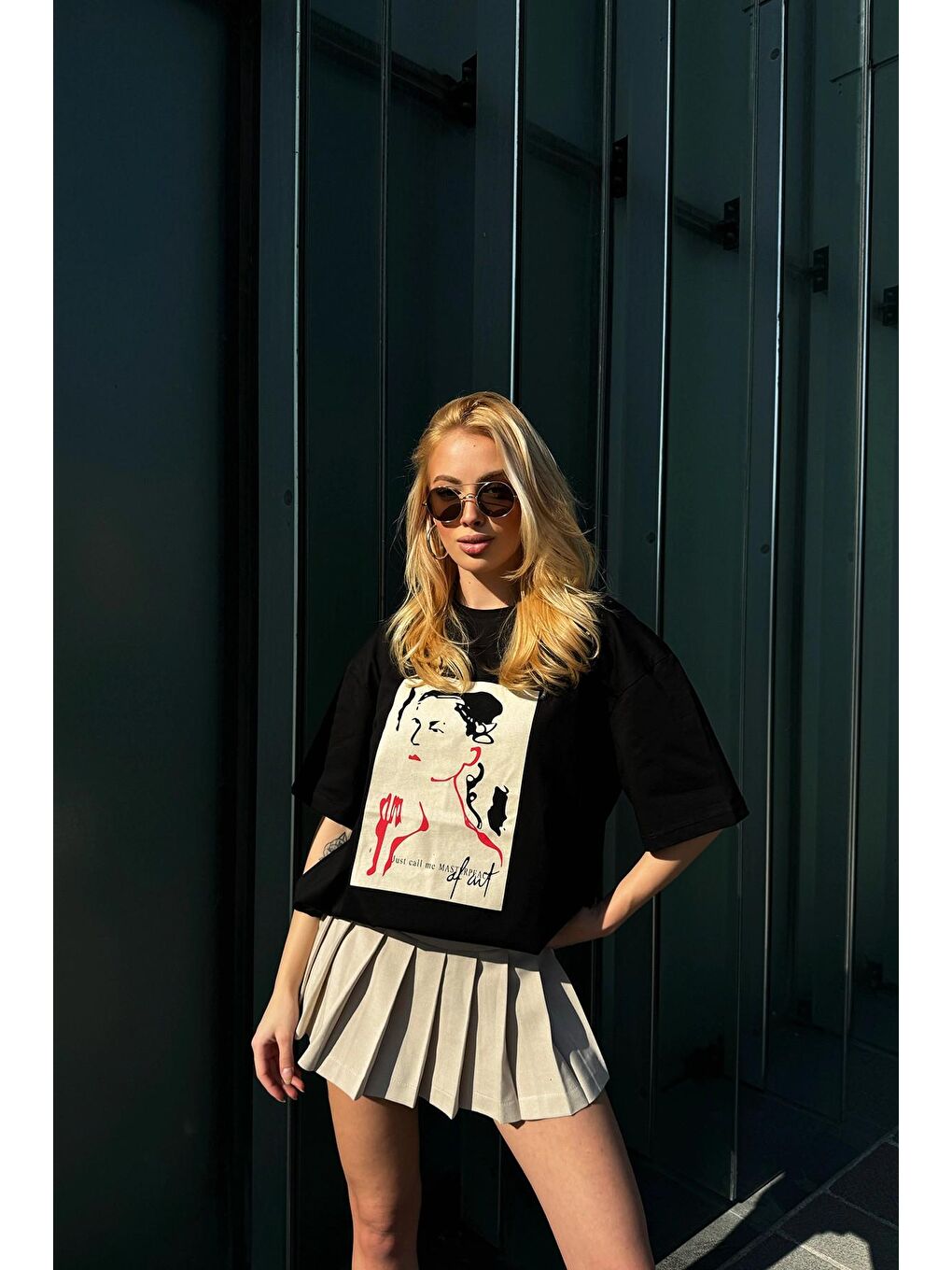 Siyah Bisiklet Yaka Dijital Baskı Oversize T-Shirt-2