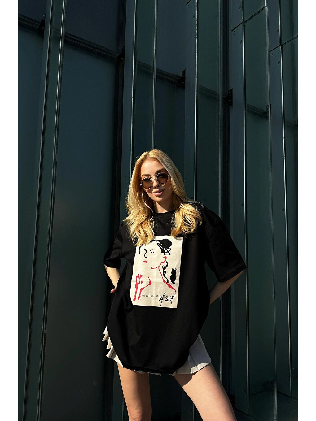 Siyah Bisiklet Yaka Dijital Baskı Oversize T-Shirt-3