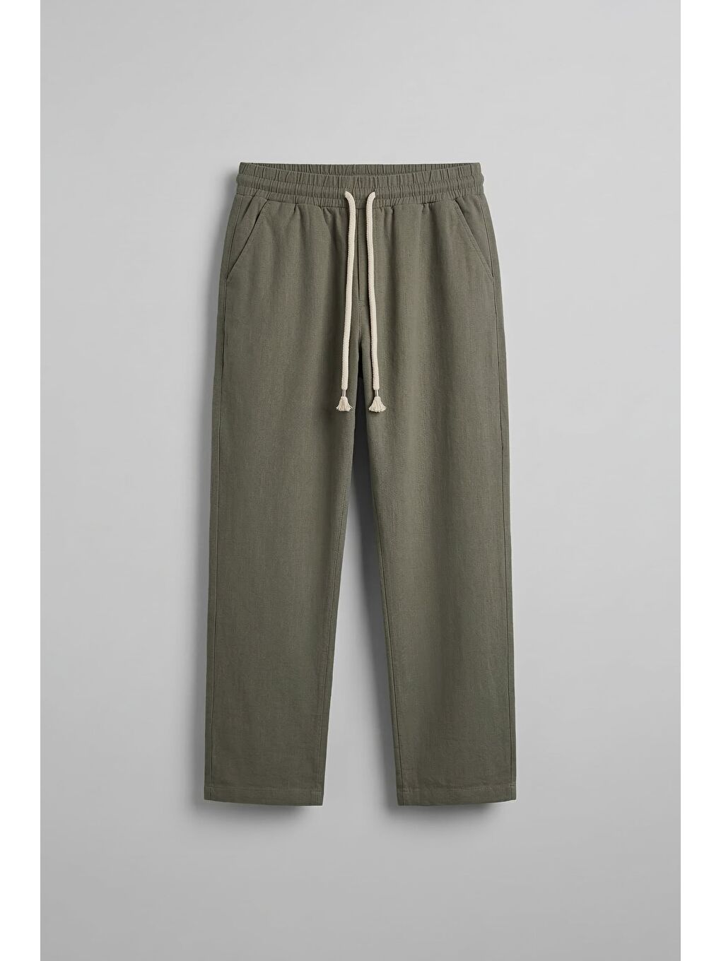 Erkek Baggy Fit Halat Kordonlu Keten Görünümlü Pantolon Haki