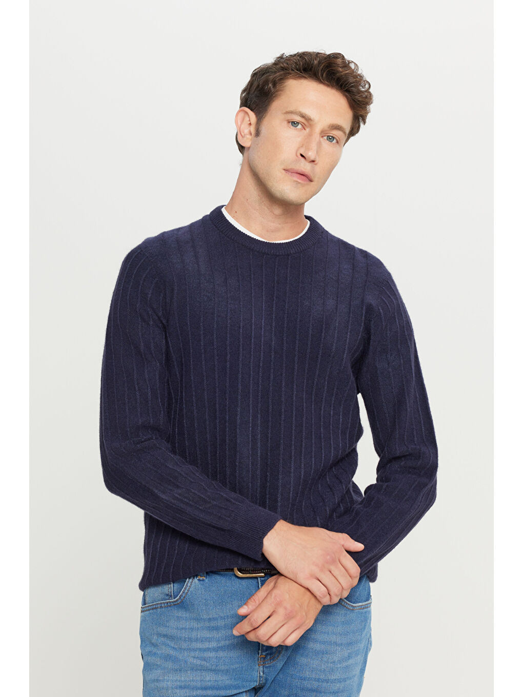 Erkek Lacivert Standart Fit Normal Kesim Bisiklet Yaka Jakarlı Triko Kazak-2