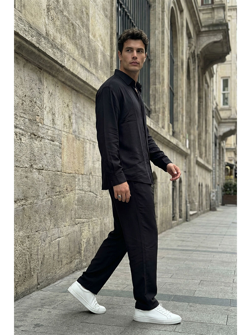 Siyah Noda %100 Pamuk Oversize Erkek Modal İkili Takım Gömlek Pantolon