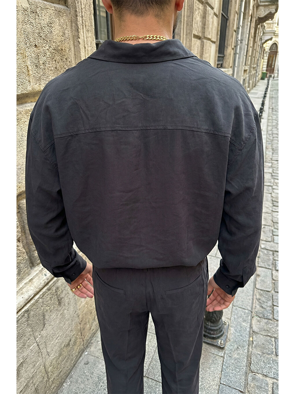 Siyah Noda %100 Pamuk Oversize Erkek Modal İkili Takım Gömlek Pantolon-1