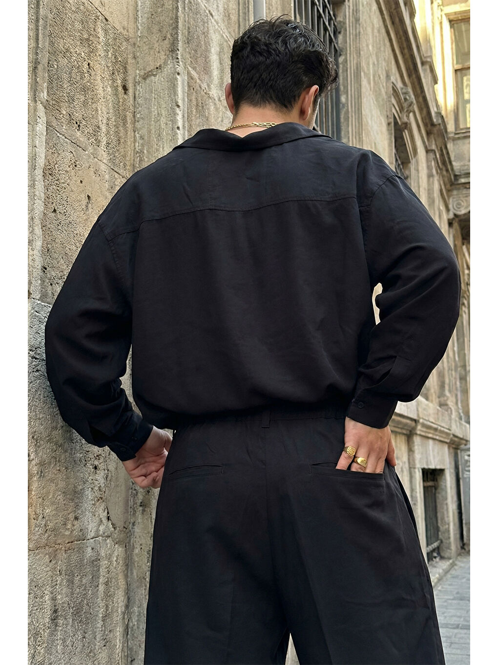 Siyah Noda %100 Pamuk Oversize Erkek Modal İkili Takım Gömlek Pantolon-2