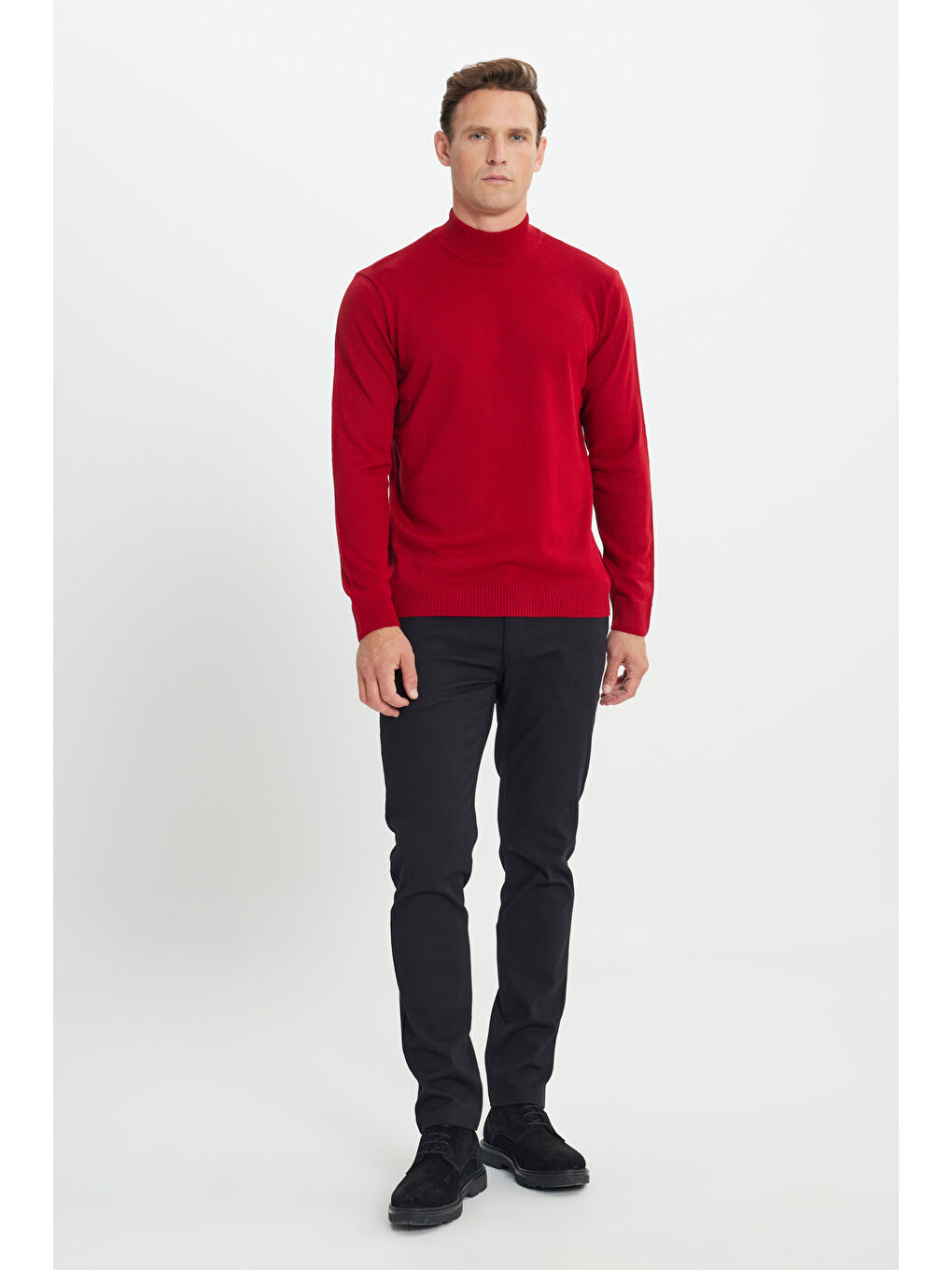 Erkek Kırmızı Tüylenme Yapmayan Anti-Pilling Standart Fit Yarım Balıkçı Yaka Triko Kazak-1