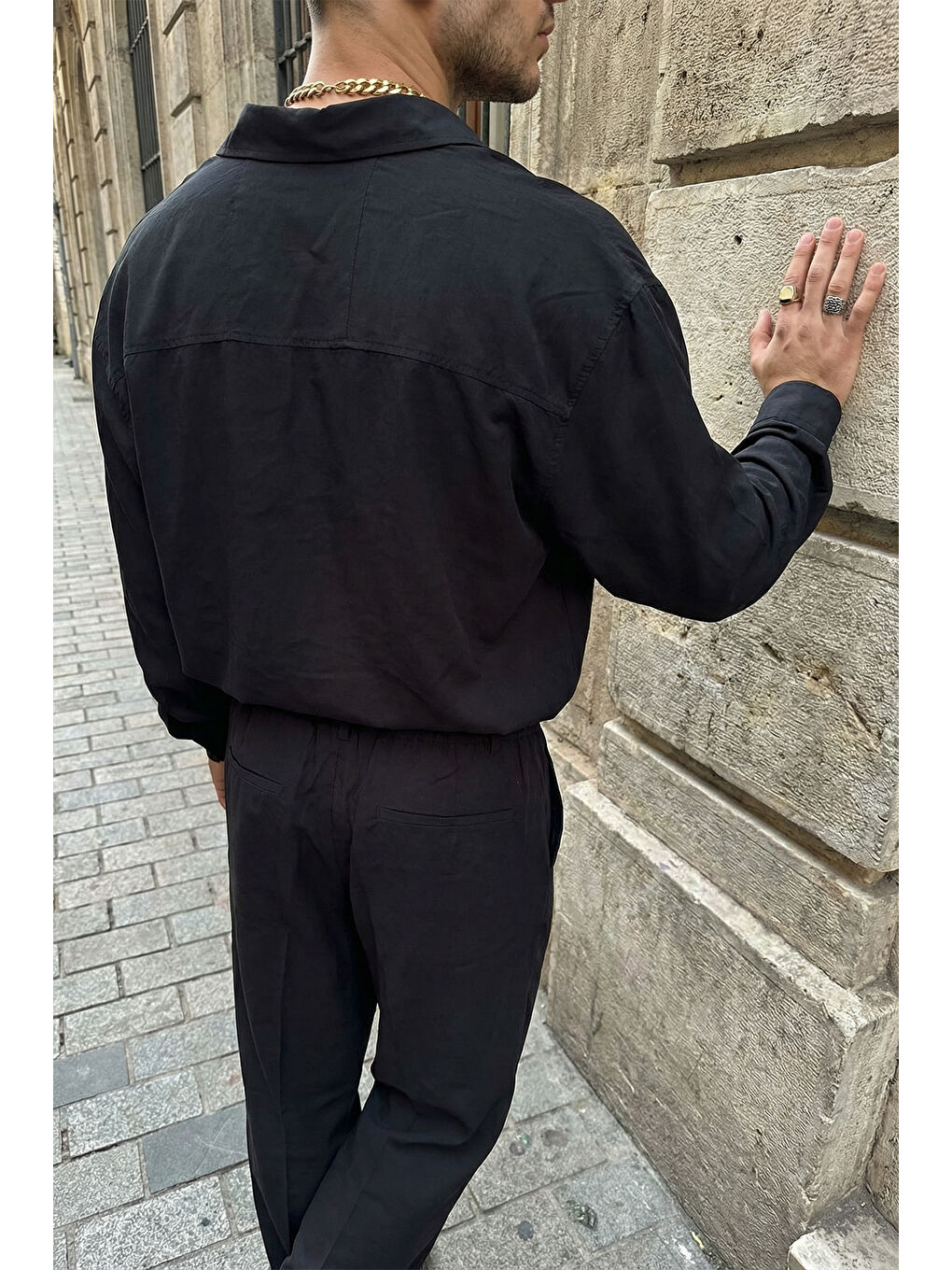 Siyah Noda %100 Pamuk Oversize Erkek Modal İkili Takım Gömlek Pantolon-3