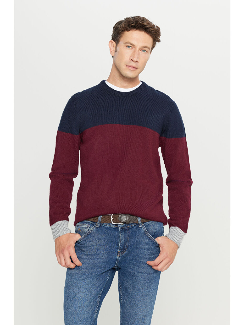 Erkek Bordo-Lacivert Standart Fit Normal Kesim Bisiklet Yaka Triko Kazak