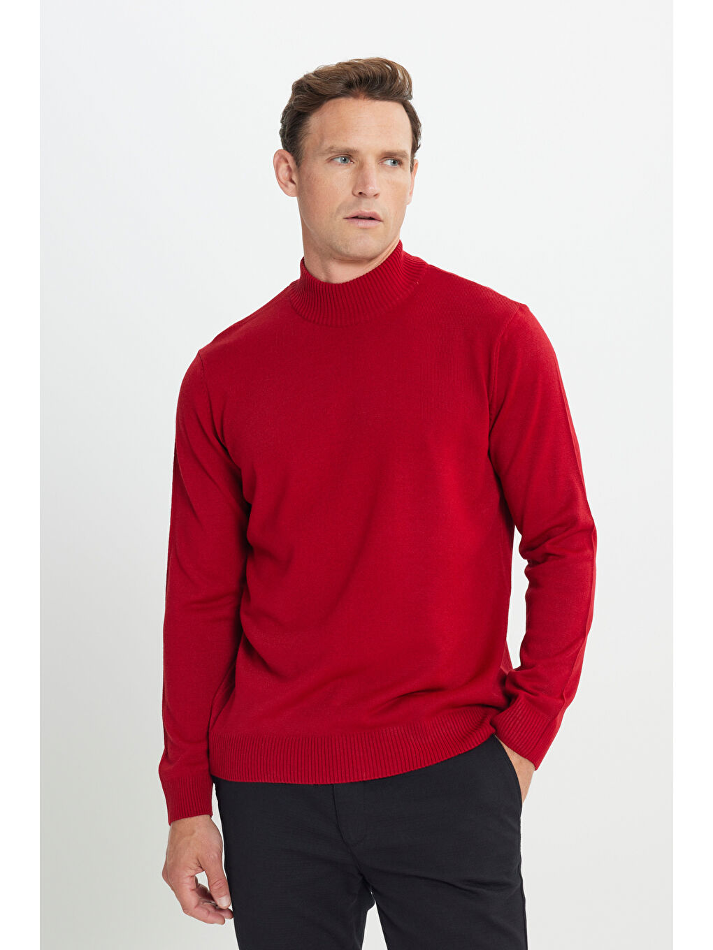 Erkek Kırmızı Tüylenme Yapmayan Anti-Pilling Standart Fit Yarım Balıkçı Yaka Triko Kazak-2