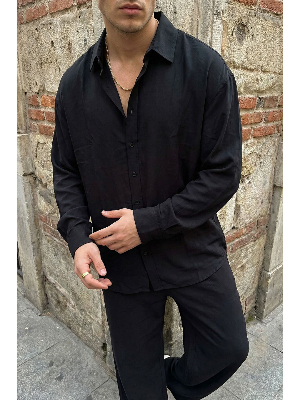 Siyah Noda %100 Pamuk Oversize Erkek Modal İkili Takım Gömlek Pantolon-4