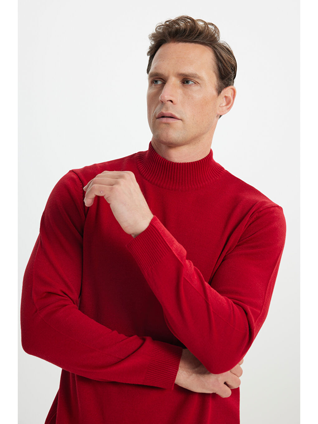 Erkek Kırmızı Tüylenme Yapmayan Anti-Pilling Standart Fit Yarım Balıkçı Yaka Triko Kazak-3