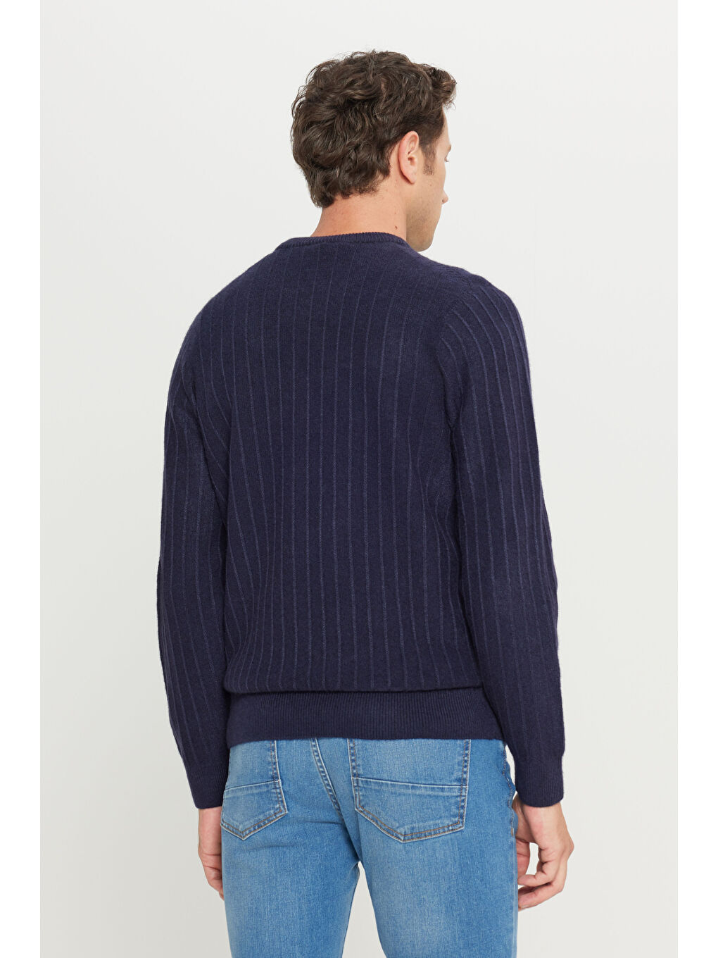 Erkek Lacivert Standart Fit Normal Kesim Bisiklet Yaka Jakarlı Triko Kazak-4