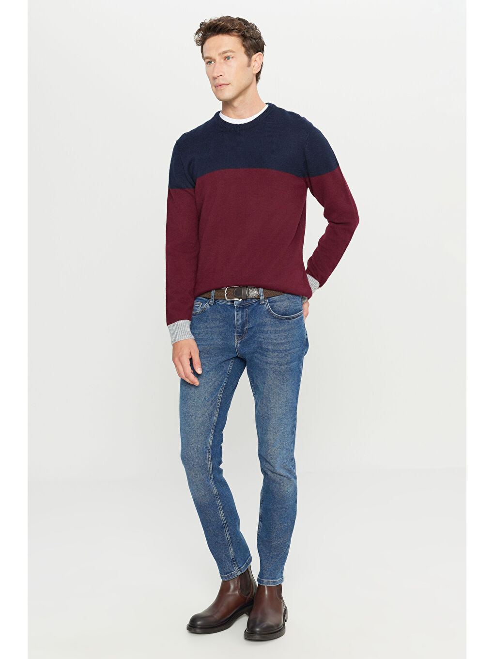 Erkek Bordo-Lacivert Standart Fit Normal Kesim Bisiklet Yaka Triko Kazak-1