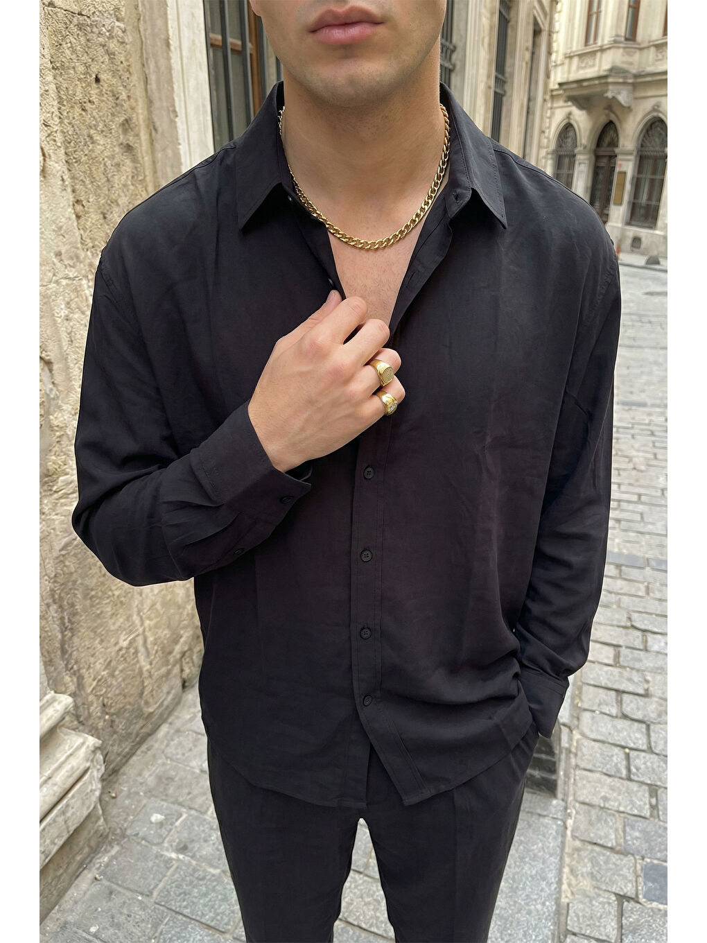 Siyah Noda %100 Pamuk Oversize Erkek Modal İkili Takım Gömlek Pantolon-6