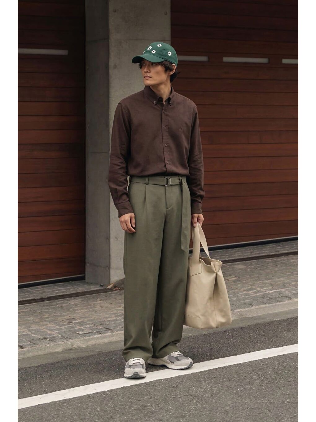 Erkek Baggy Fit Smart Casual Kemerli Pantolon Haki-2