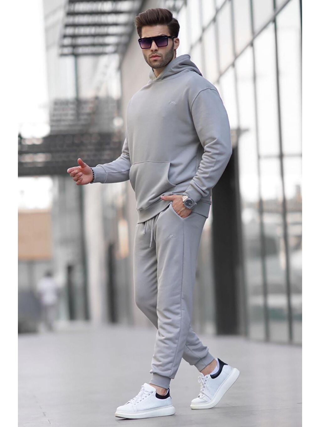 Boyalı Gri Kapüşonlu Basic Eşofman Takımı 5928-1