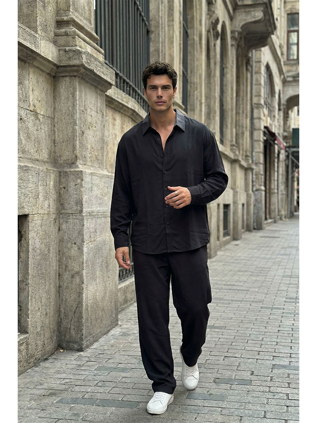 Siyah Noda %100 Pamuk Oversize Erkek Modal İkili Takım Gömlek Pantolon-7