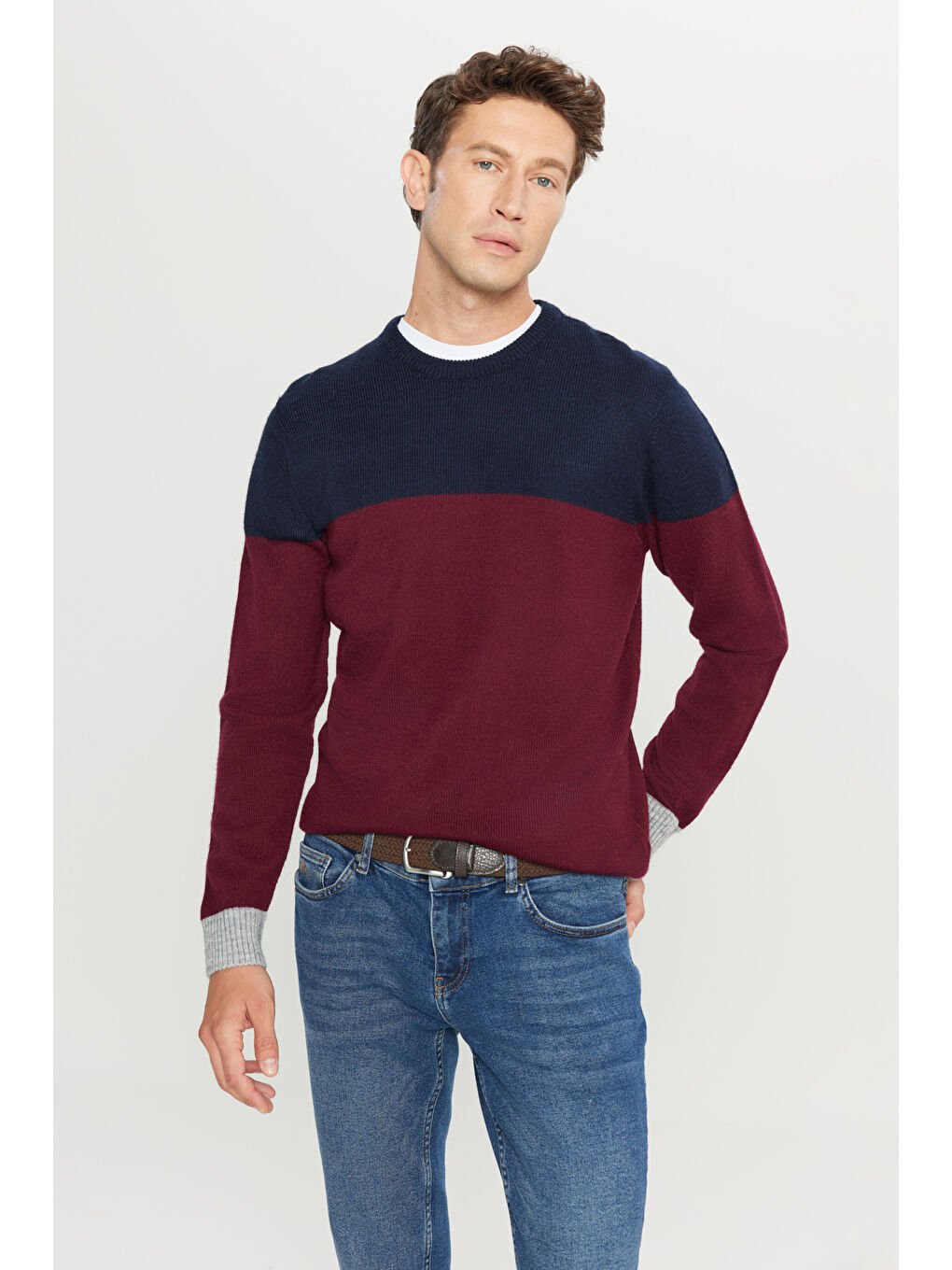 Erkek Bordo-Lacivert Standart Fit Normal Kesim Bisiklet Yaka Triko Kazak-2