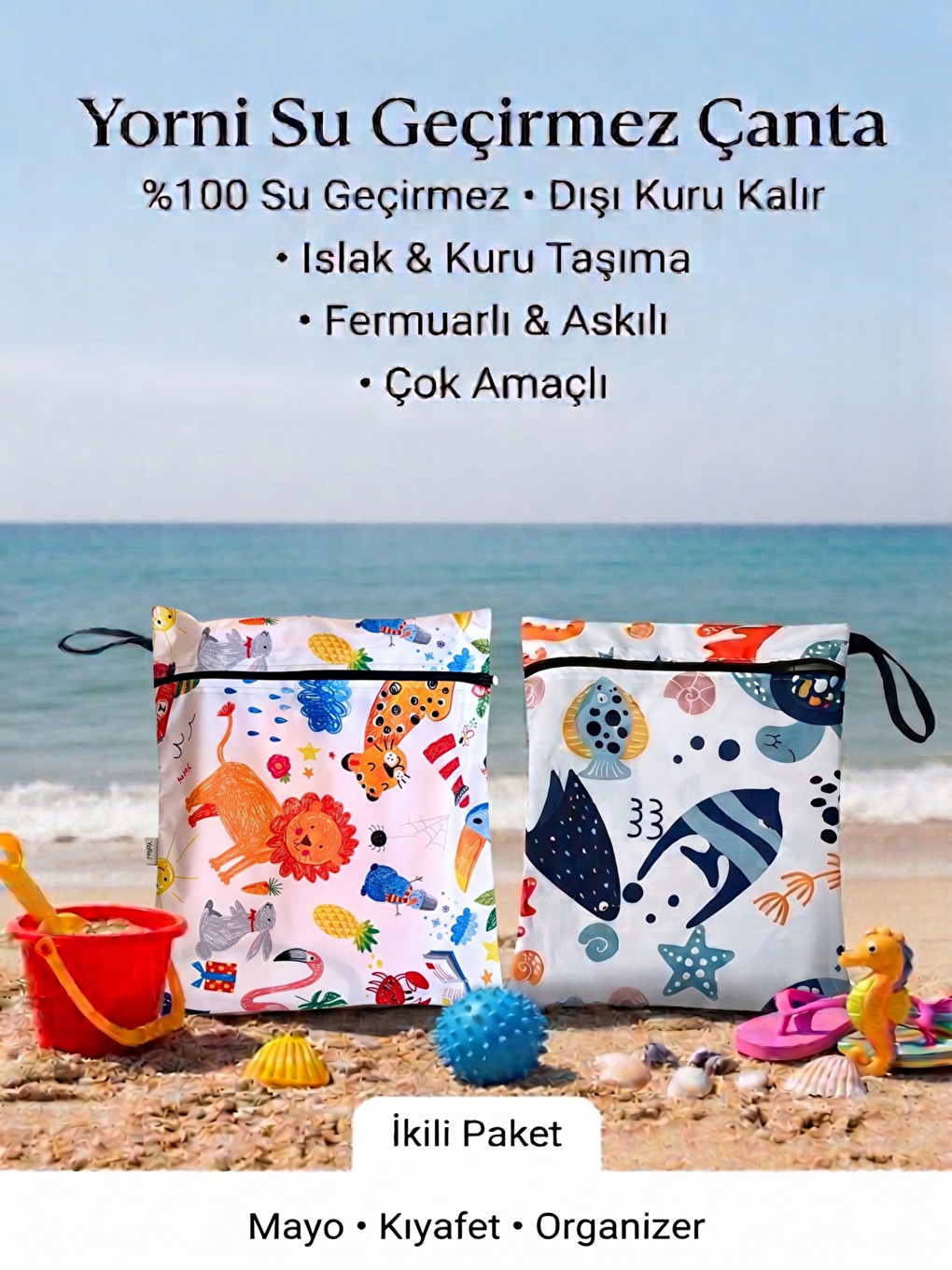 Gri 2 Adet, 35x30 cm, Ocean ve Jungle Desen Sıvı Geçirmeyen Çok Amaçlı Çanta, Makinede Yıkanabilir