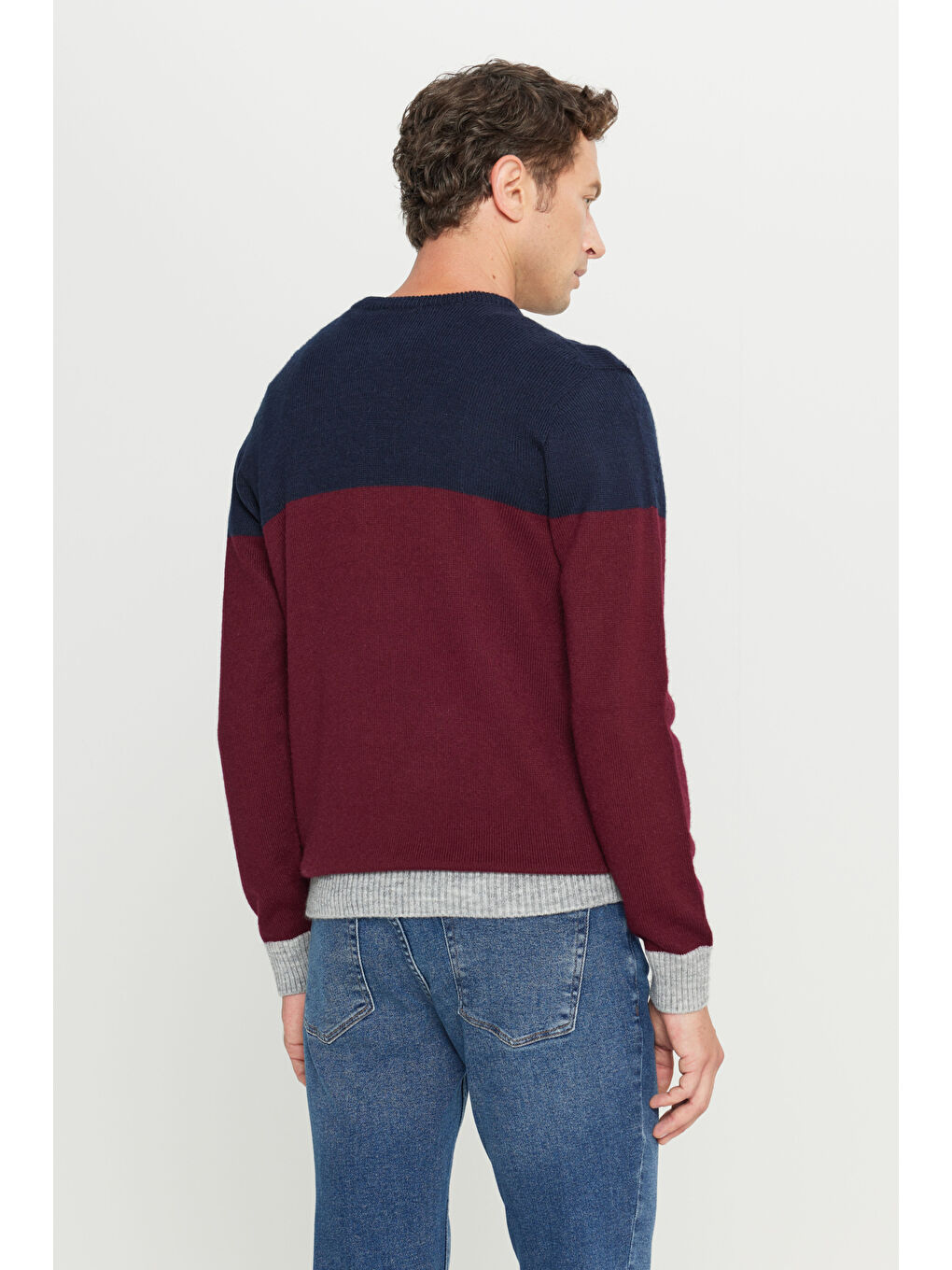 Erkek Bordo-Lacivert Standart Fit Normal Kesim Bisiklet Yaka Triko Kazak-4