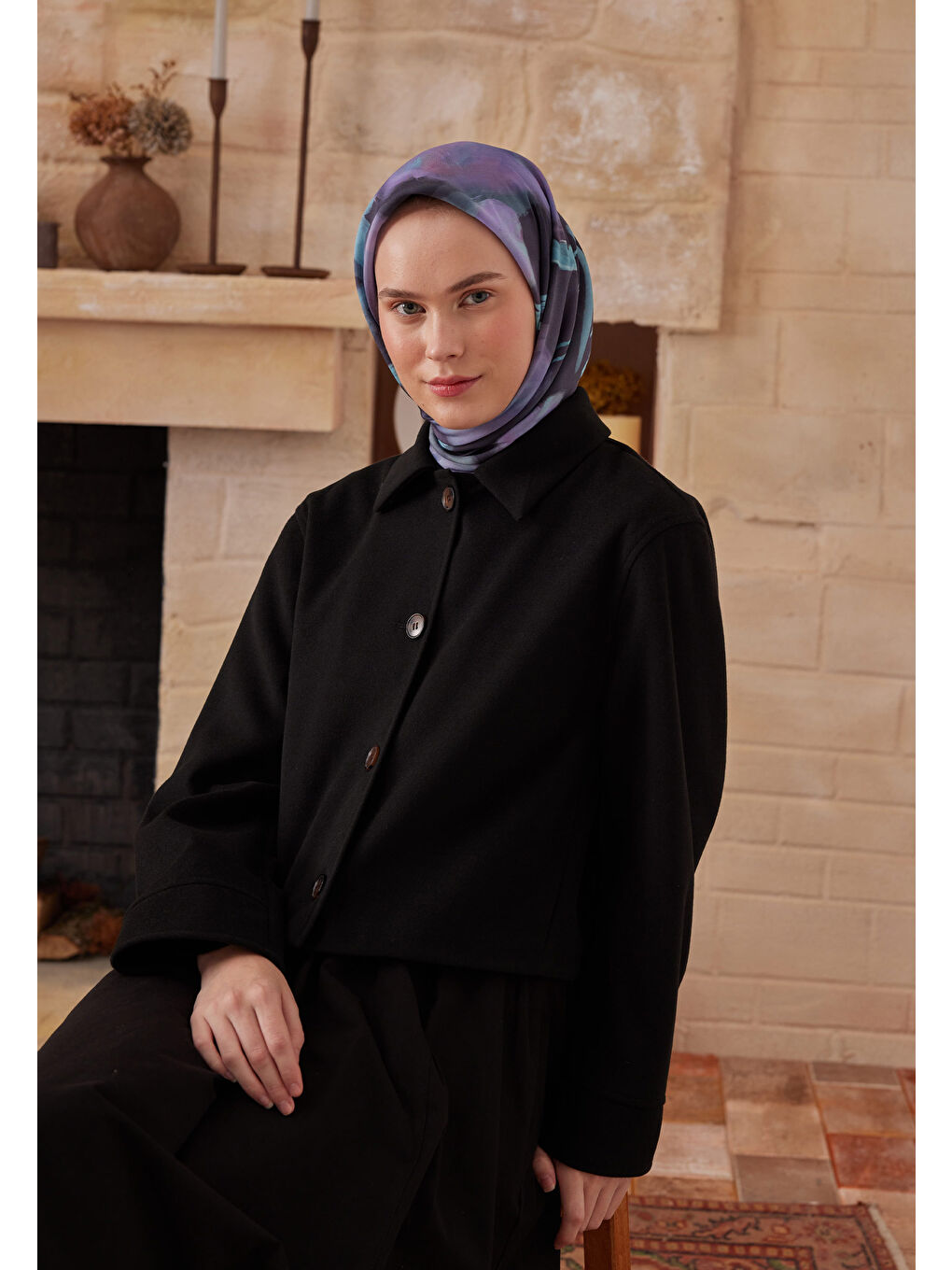 Mavi Darcy Desen Pamuk İpek Eşarp Gece Mavısı