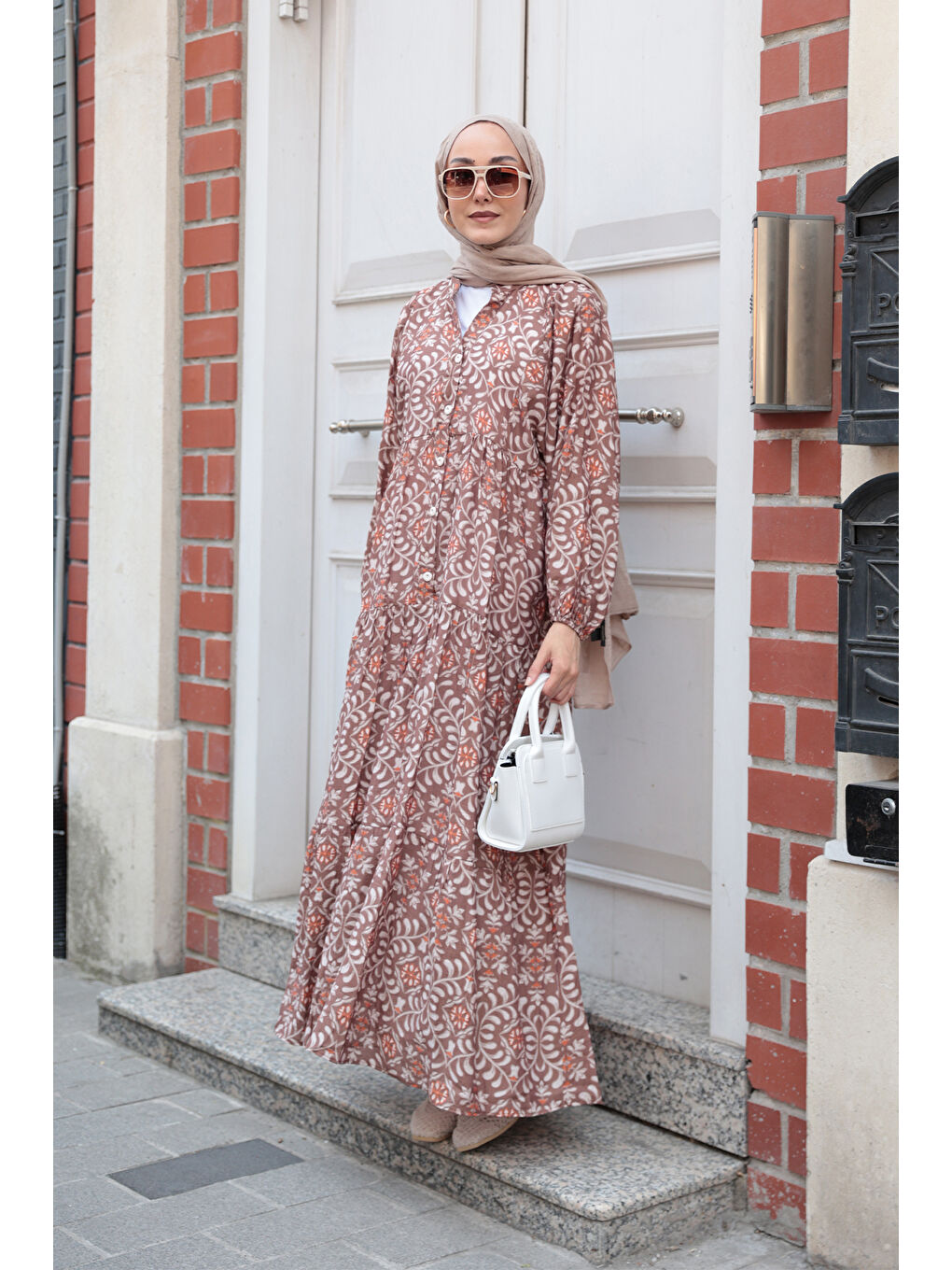 Kadın Lale Desenli Elbise Kahverengi-2