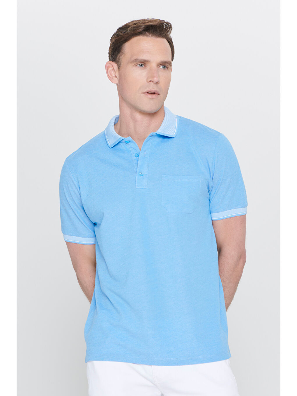 Erkek Mavi Pamuklu Comfort Fit Rahat Kesim Polo Yaka Cepli Tişört-2