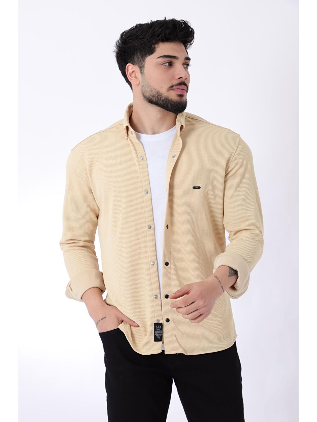 Stilkombin Krem Düz Slim Fit Örme Gömlek XC U16788_40297